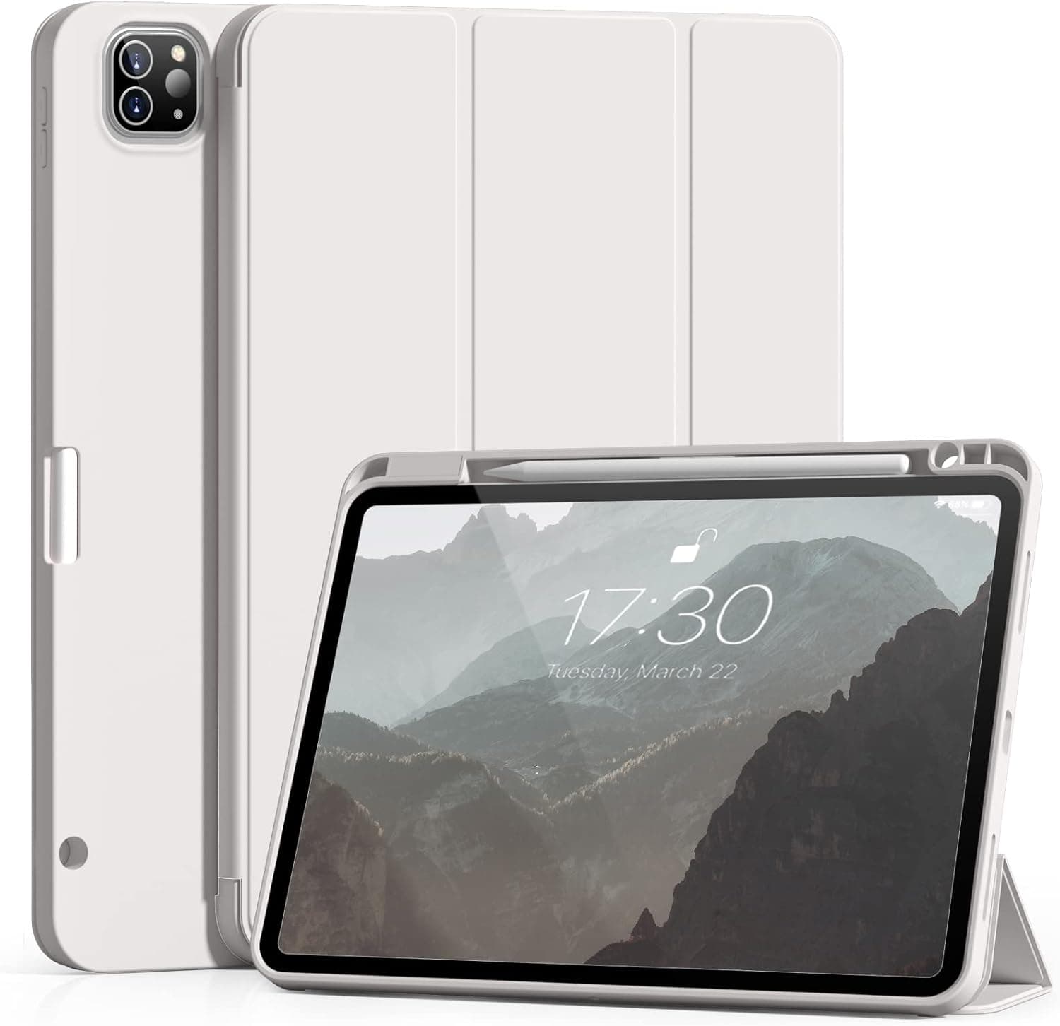 Aoub New iPad Pro 12.9 Case 6th Generation 2022 / 5th Gen 2021/ 4th Gen 2020 with Built-in Pencil Holder, Auto Wake/Sleep, Slim Stand Soft Back Shell Smart Cover for iPad Pro 12.9 Inch, Gray White