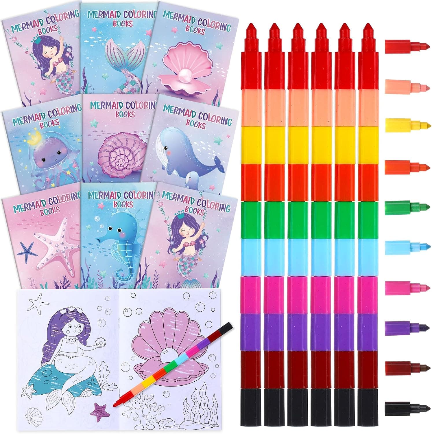 24 Pcs Mermaid Coloring Books with 24 Stacking Crayons for Kids Party Favors Mermaid Theme Activity Books Rainbow Crayons Mermaid Birthday Coloring Books Bulk for Kids Favor Bag Filler Party
