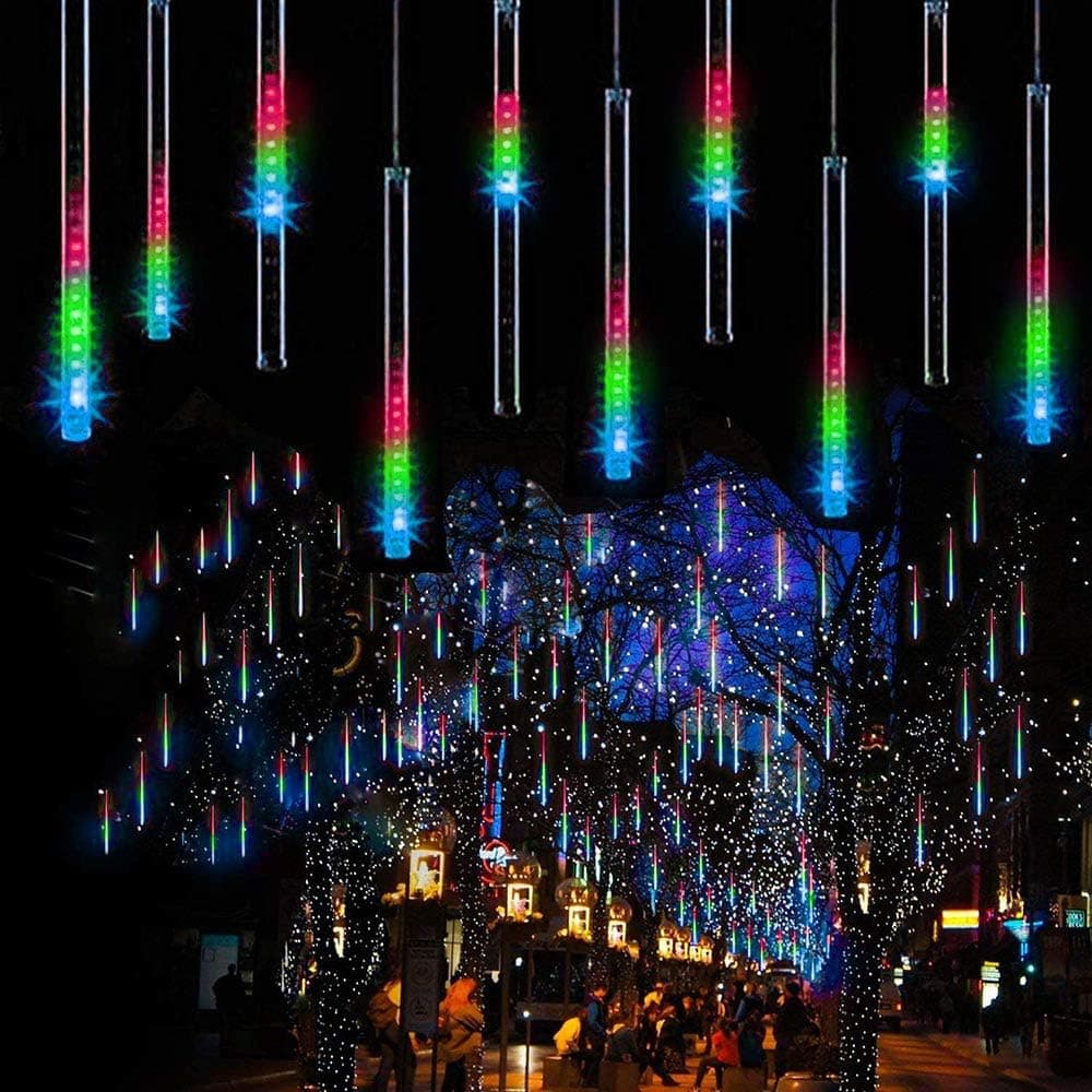 BrizLabs Christmas Multicolor Meteor Shower Lights, 12 inch 10 Tubes 240 LED Cascading Falling Rain Drop Lights Outdoor, Icicle Snow Christmas Plugin Lights with Timer for Xmas Tree Garden Decor
