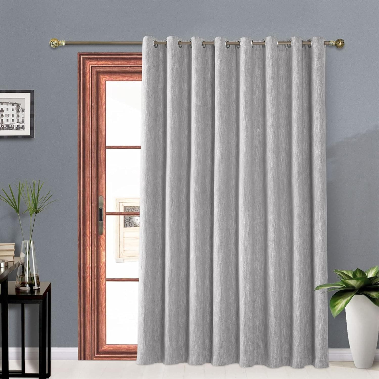 Melodieux Elegant Cotton Wide Blackout Curtains for Sliding Glass Door Living Room Thermal Insulated Grommet Drapes, 100 by 84 Inch, Grey (1 Panel)