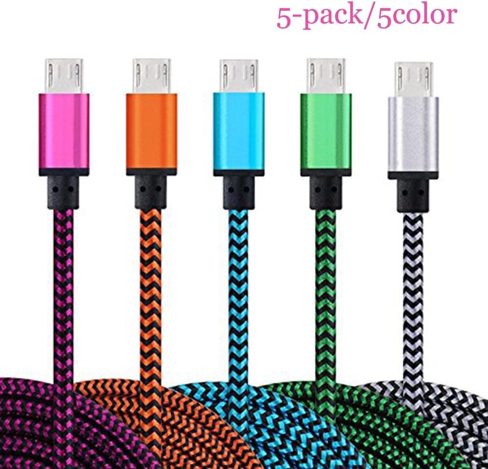 [Micro USB to USB Cable] [5-Pack] 6.6 Feet Nylon Braided Fabric Micro USB Android Cable Charging & Sync Data Charger Cable Cord for Android Samsung and More (BL+RS+OR+WT+GR)