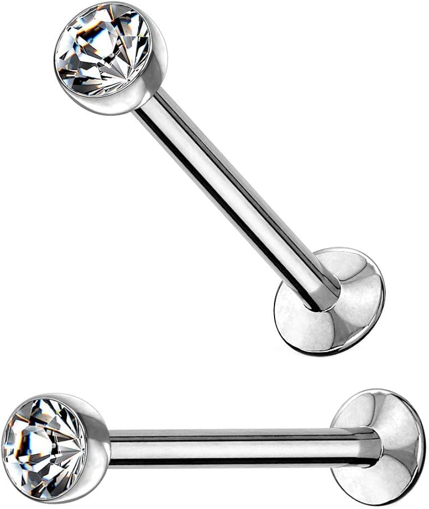 2PC 16G Clear Jeweled Press-Fit Push Top Surgical Steel Labret Monroe Piercing Studs