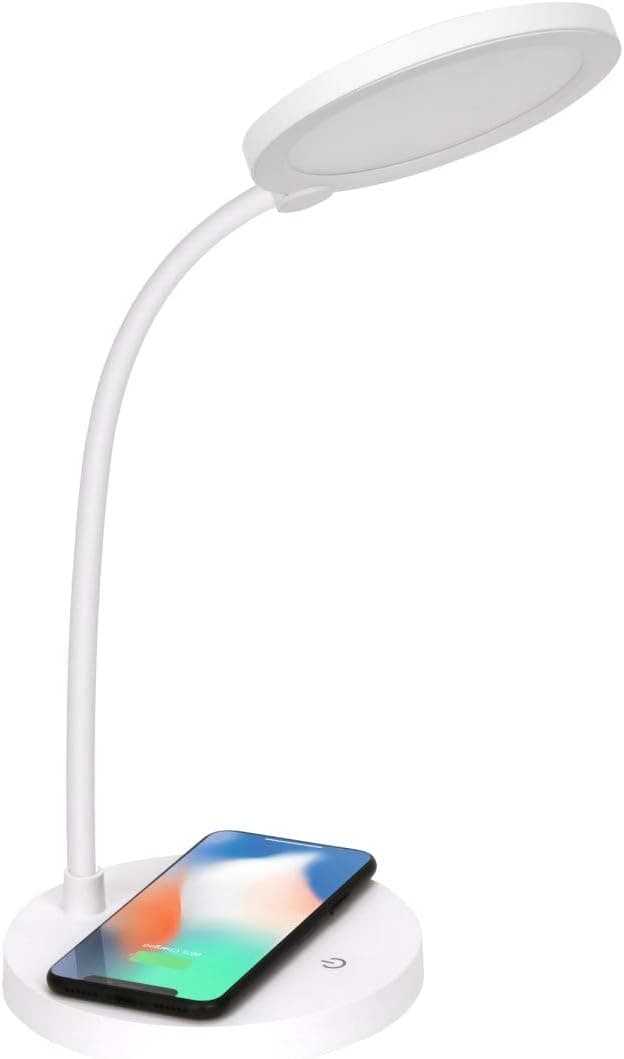 iHome LED Desk Lamp with 5W Qi-Certified Wireless Charger, Dimming Control, and 360 Degree Flexible Gooseneck (White)