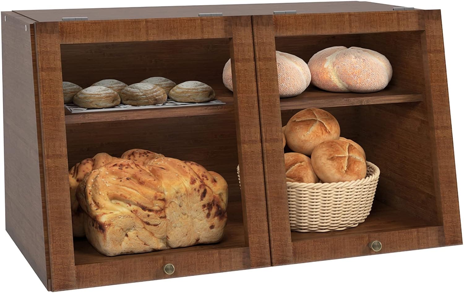 soges Double Layer Bread Box for Kitchen Countertop, Bamboo Bread Storage Container Case with Clear Windows, Rustic Style Bread Bin with Adjustable Shelf, 60HSLZPC02BB