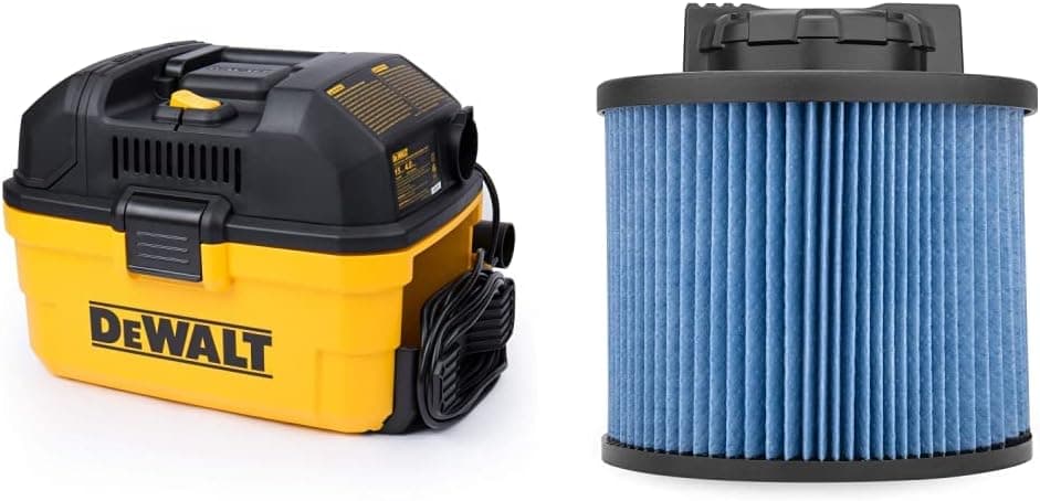 DEWALT DXV04T Portable 4 Gallon Wet/Dry Vaccum, Yellow & DXVC4002 High Efficiency Cartridge Filter, Fit for 4 Gallon Wet/Dry Vacuum Cleaners
