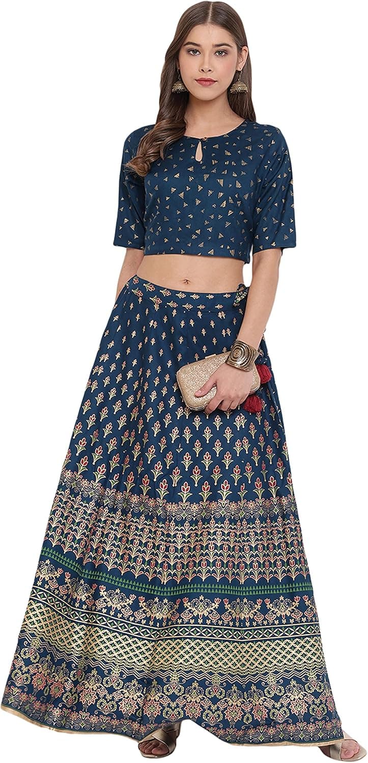 Janasya Indian Women's Teal Rayon Crop Top with Lehenga for Festival