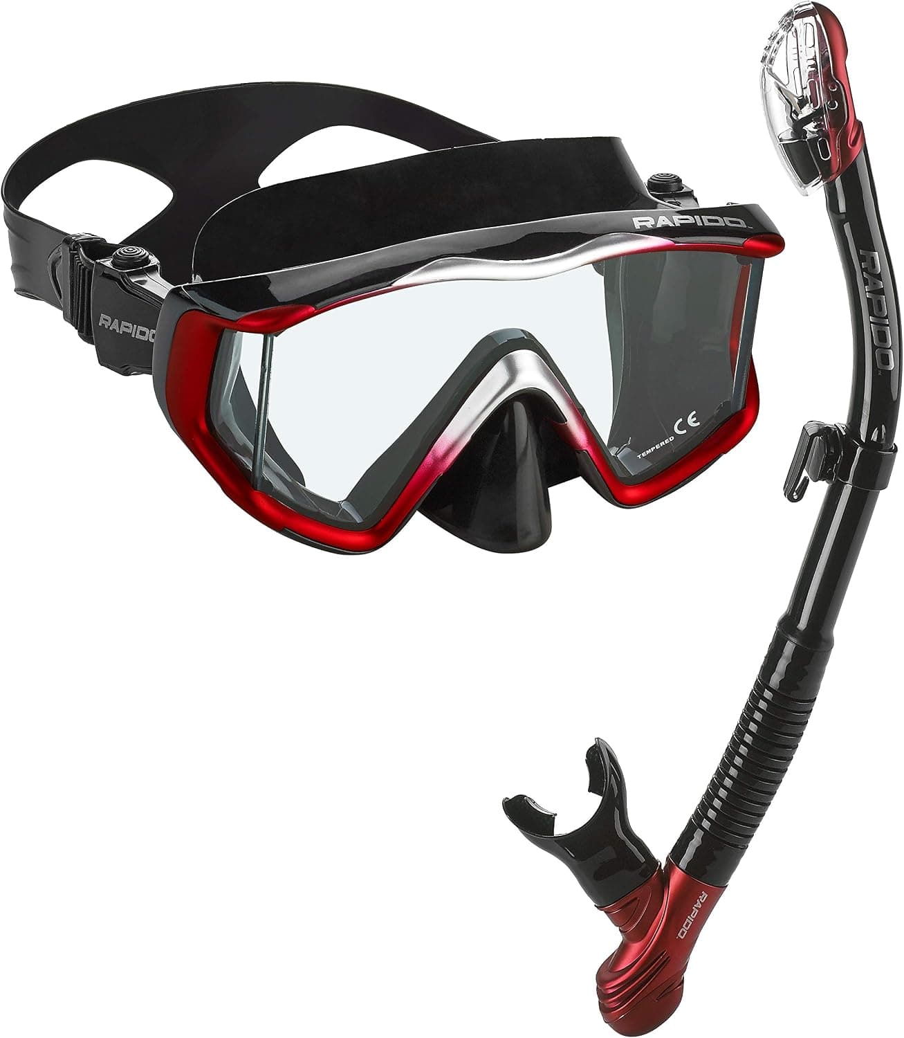 Phantom Aquatics Rapido Boutique Collection Clareza Three Window Tempered Glass Lens Mask Dry Snorkel Set, Great for Travel Mask Snorkel Combo (Metallic, Black Red Silver) (RPDCMSC-M_BKRD_2)
