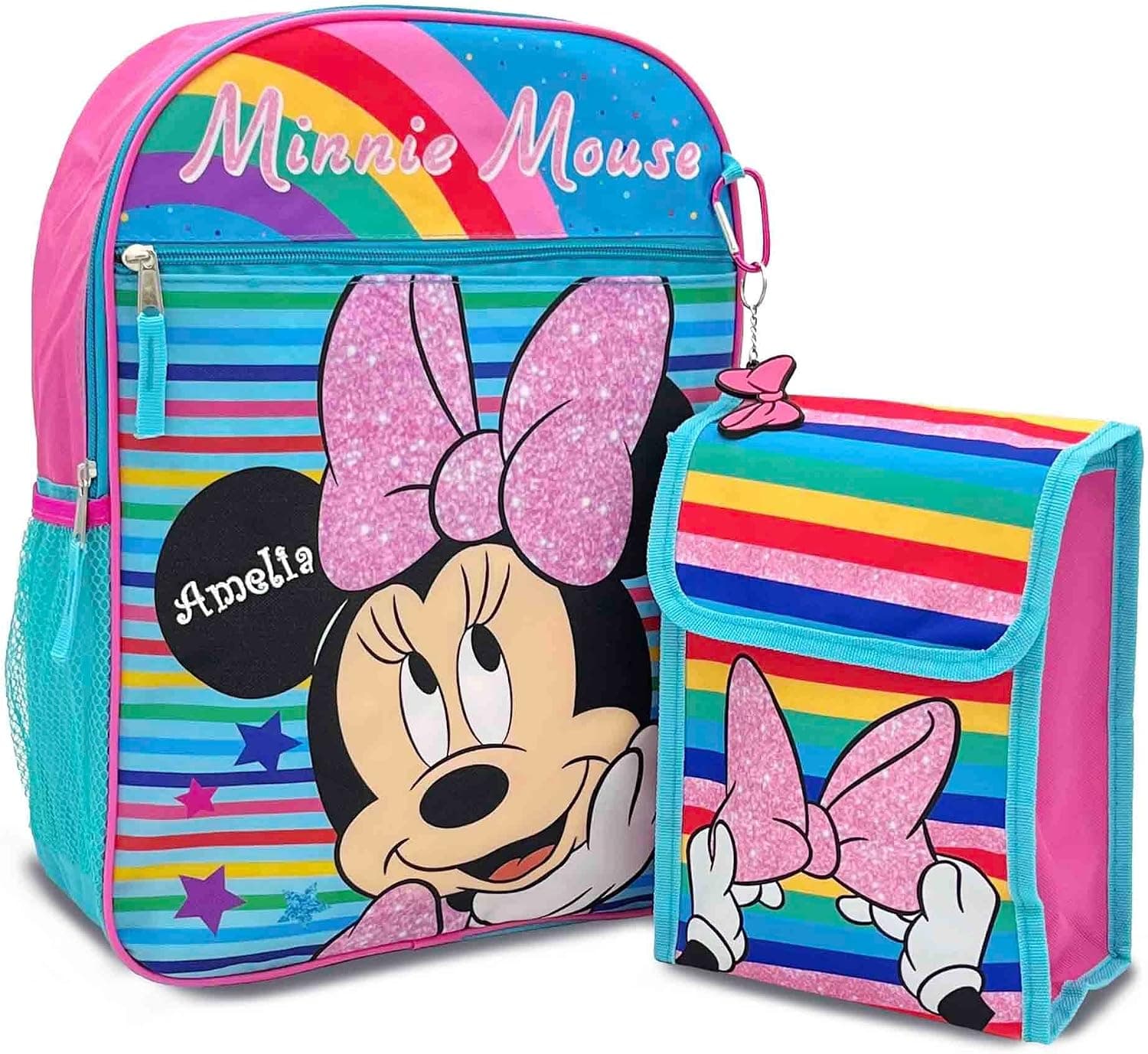 DIBSIES Personalized Licensed Character Backpack - 16 Inch (Minnie Backpack with Lunch Bag, Caribiner Clib, and Keychain)