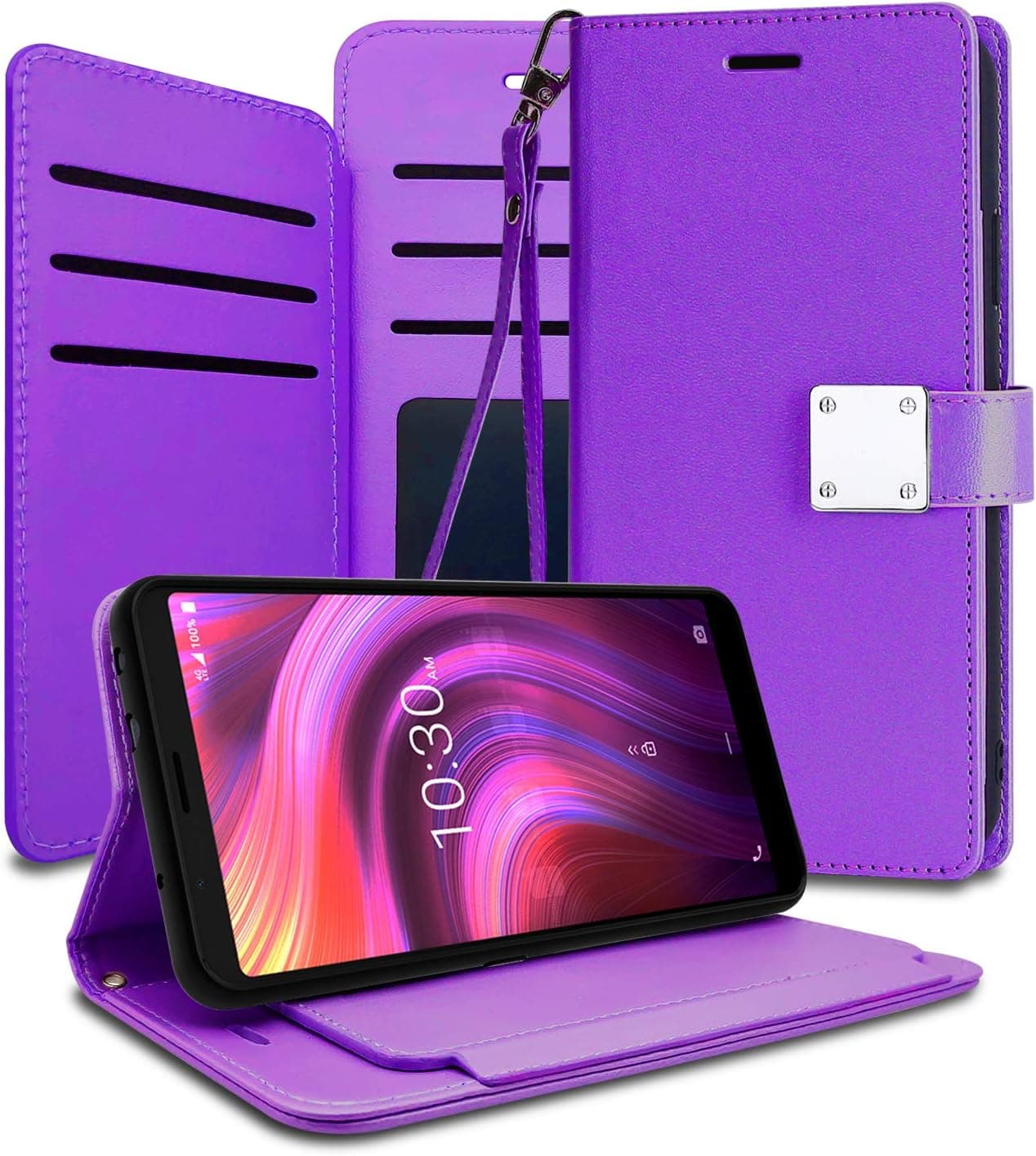 EnCASEs 2 in 1 Wallet Case with Hand Strap for Alcatel 3V 2019, PU Leather Clip Flip Phone Case Cover with ID Card, Credit Card Pocket Holder (Removable Stand Feature), Purple
