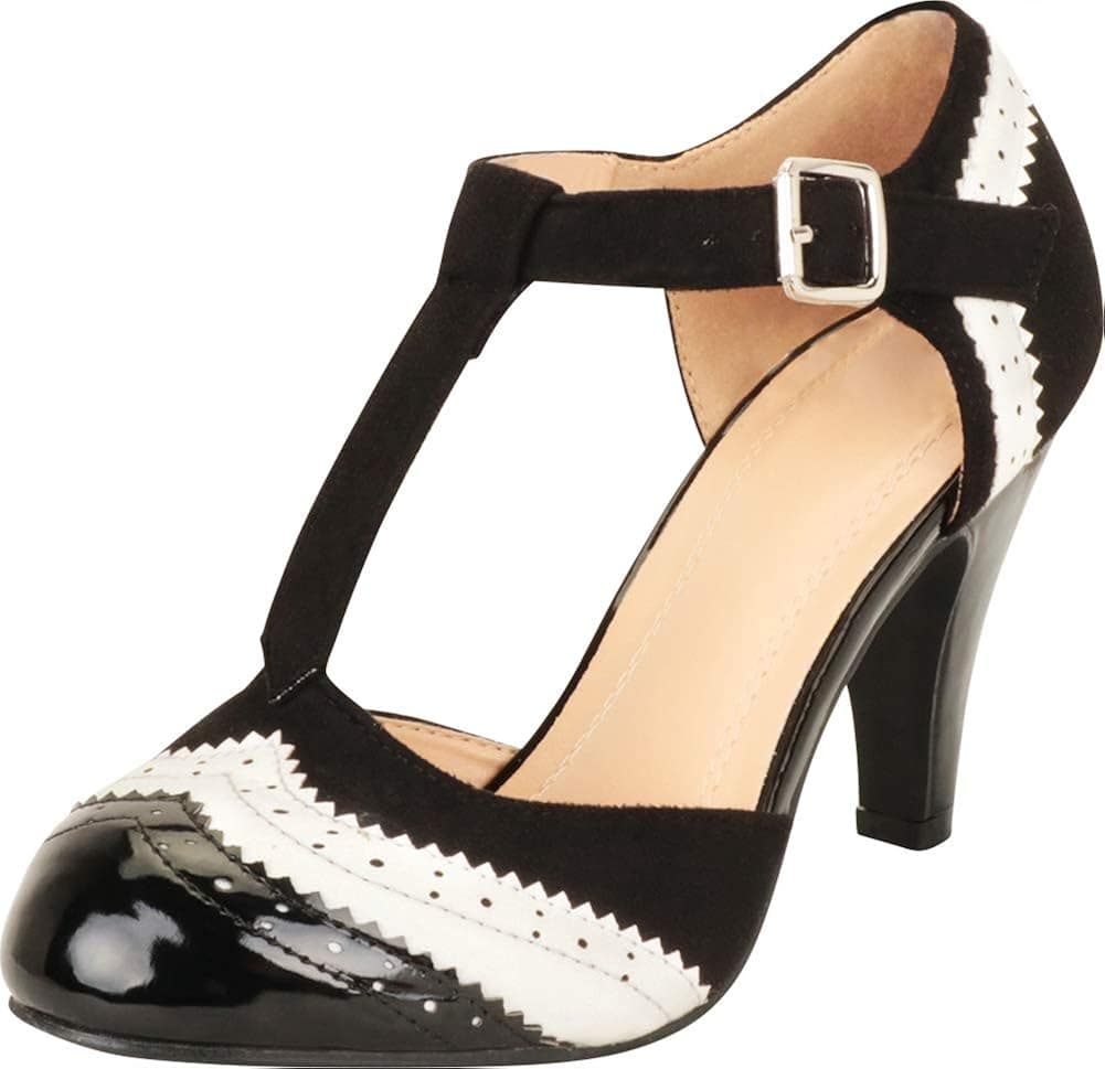 Cambridge Select Women's T-Strap Wingtip Style Cut Out Mid Heel Dress Pump,7 M US,Black/White