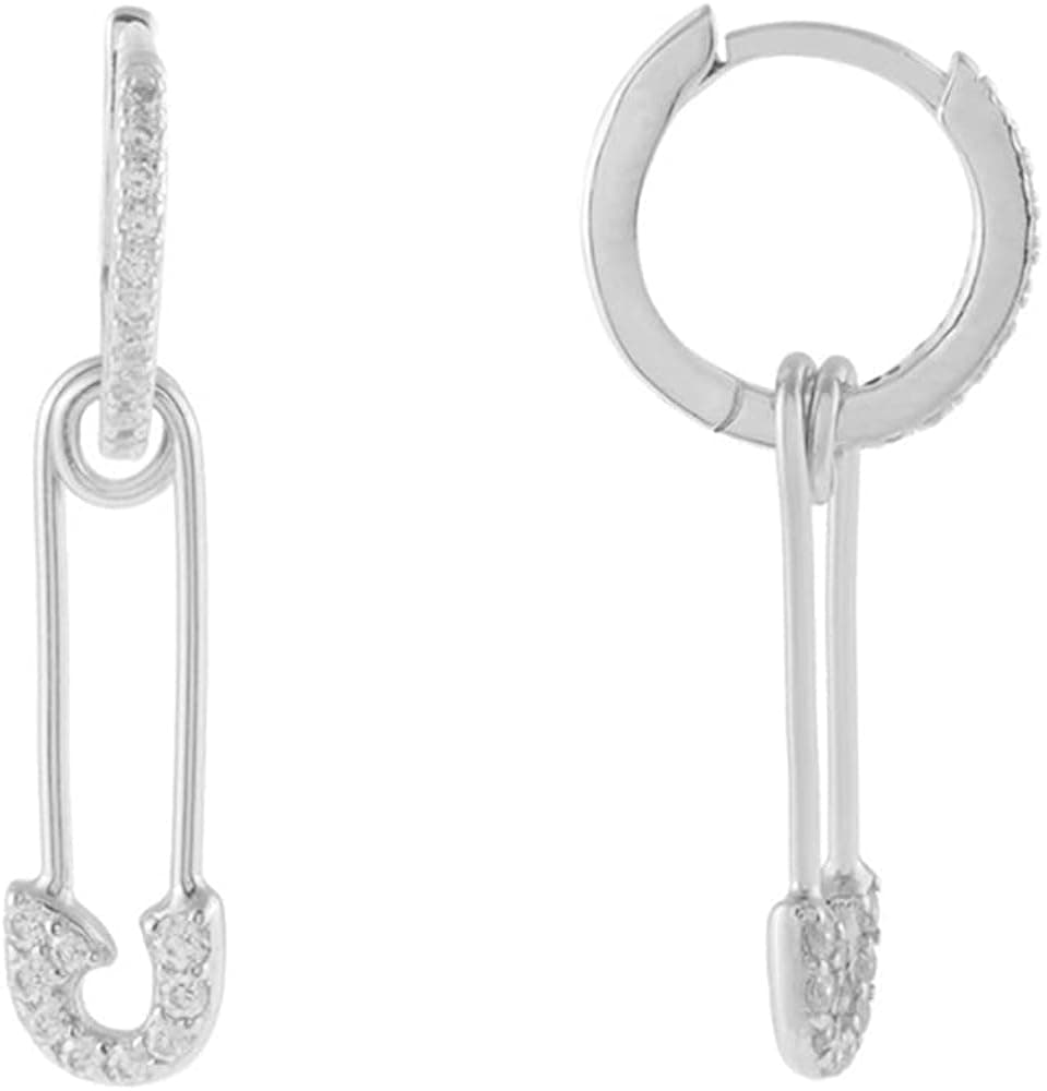 Cute CZ Safety Pin Small Dangle Drop Cuff Cartilage Hoop Earrings for Women Teen Girls Sensitive Ear Sterling Silver Post Huggie Hinged Hoops Personalized Crystal Minimalist Crystal Dangling Lightweight Fashion Dainty Hooped Jewelry Gifts Bff Birthday Daughter