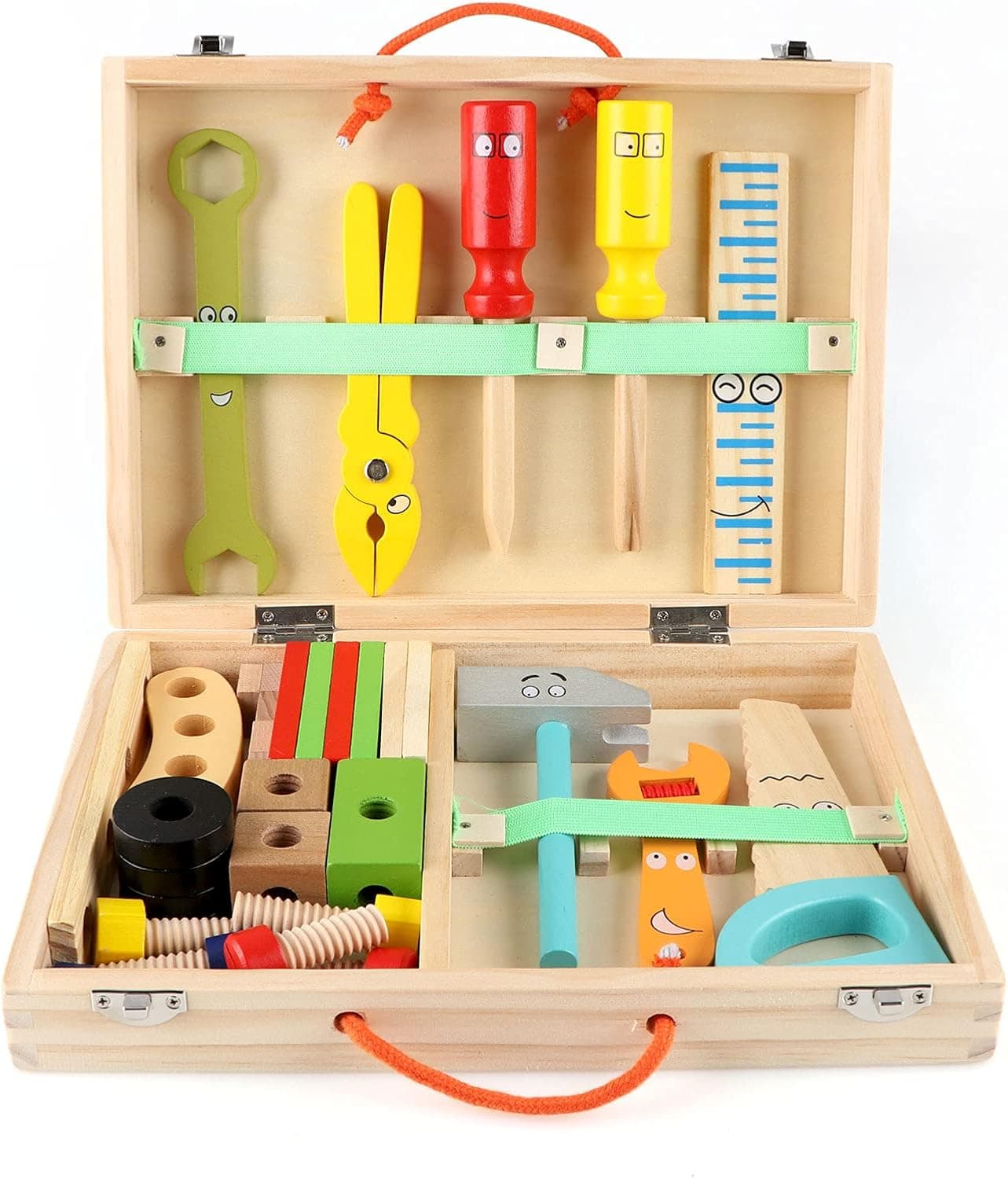 Qilay 34 Pcs Wooden Tool Kit for Kids, Toddler Tools Set Includes Tool Box,Pretend Play Construction Toy Set, Montessori Educational Building Toy Set for Toddler Boys Girls 2 3 4 5 6 Year Old