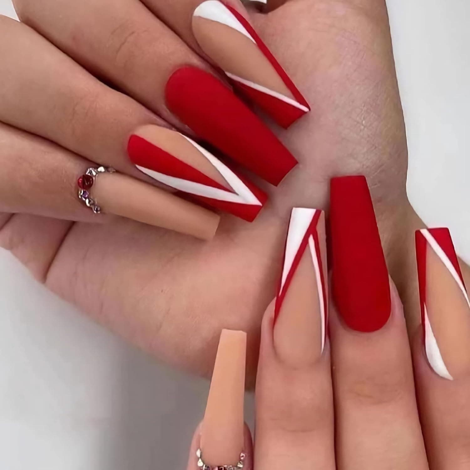 BABALAL Press on Nails Long Coffin Fake Nails Matte Glue on Nails Red Rhinestones Acrylic Nails 24Pcs Ballerina Stick on Nails for Women