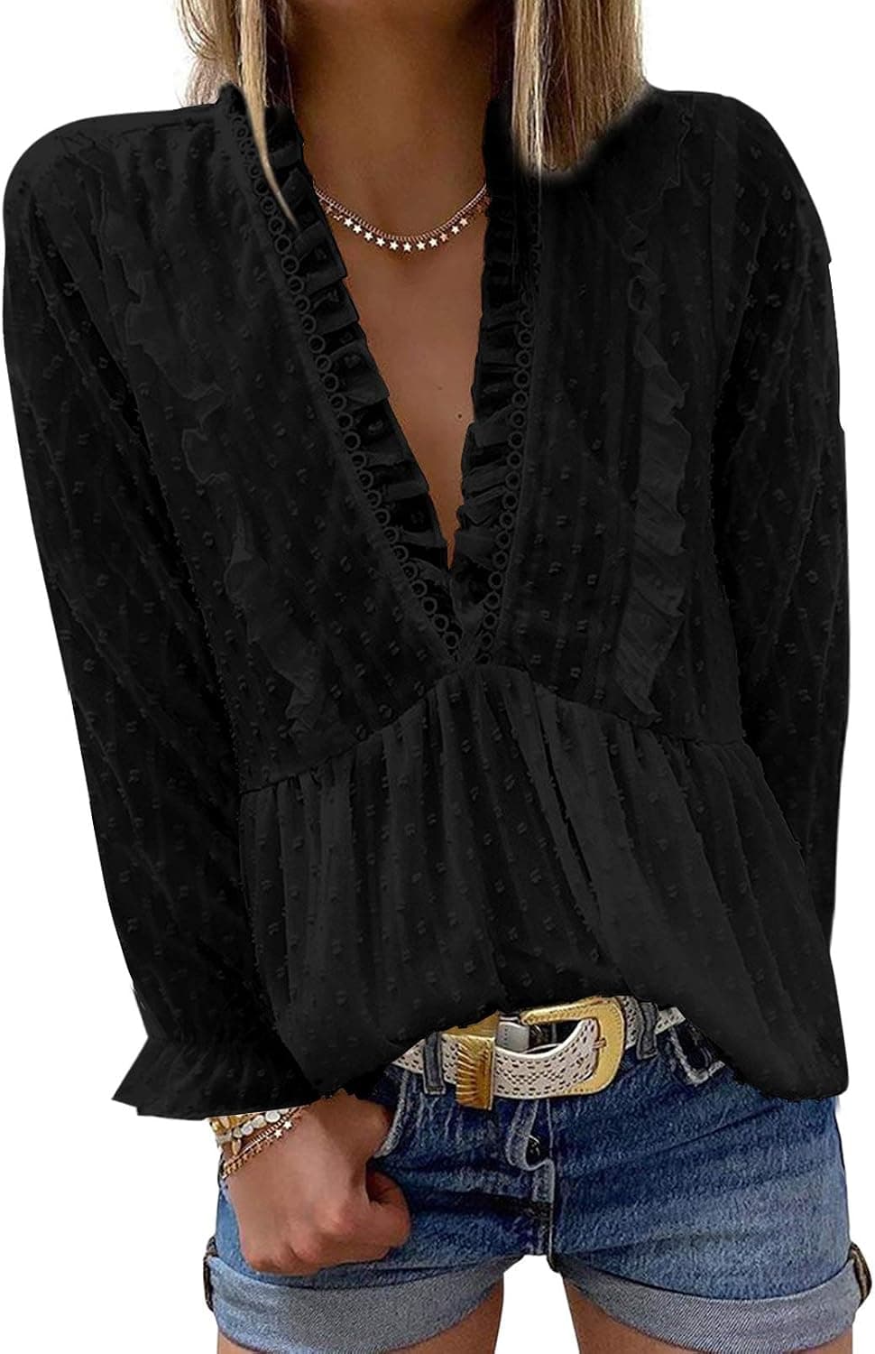 Asvivid Womens Ladies Lace Crochet V Neck Tops Pom Pom Swiss Dot Blouse Top V Neck Ruffle Sleeve Casual Skater T Shirt Summer Tunic Shirts Black S