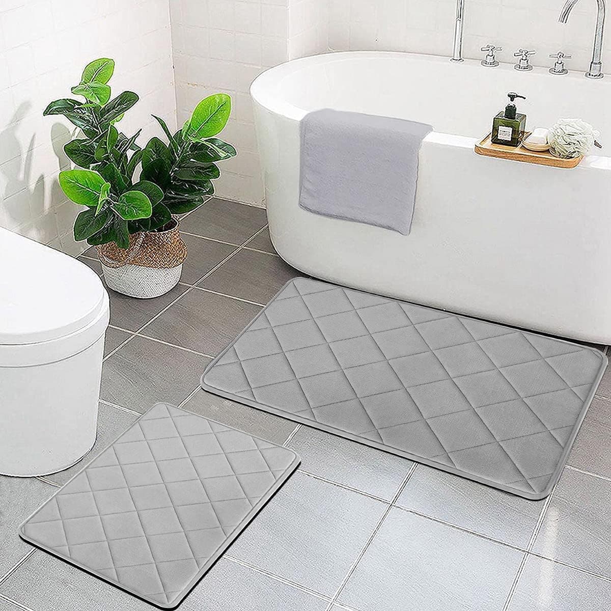 Poedist Bath Mat Memory Foam 2 Set Bathroom Rug Flannel Velvety Bath Mat Soft on Slip Bathroom Floor Mat and Absorbent Non Slip Rugs for Bathroom/Bedroom Washable (20" x 32" Plus 16" x 24",Grey)
