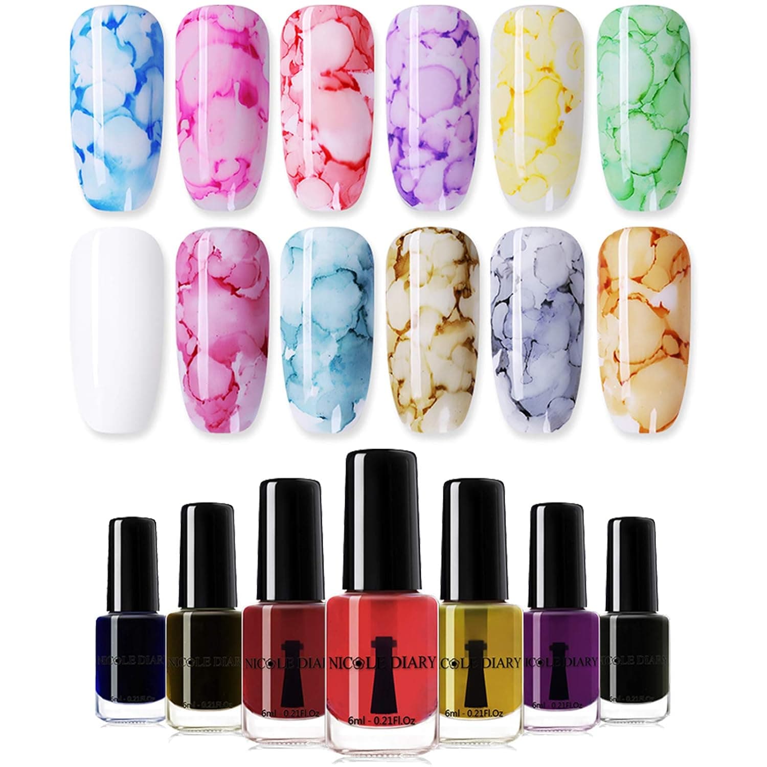 NICOLE DIARY Blossom Nail Varnish Watercolor Marble Nail Ink Flower Nail Art Varnish DIY Design(6ml, 12 colors)