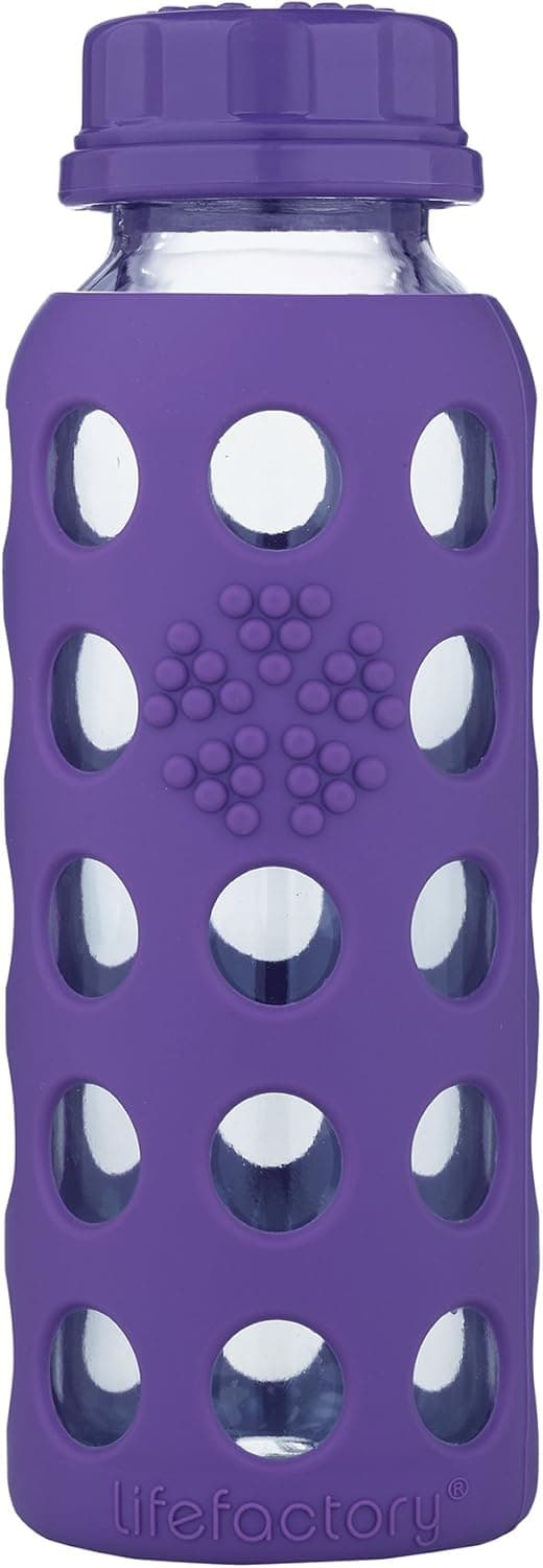 Lifefactory 9-Ounce BPA-Free Kids Glass Water Bottle with Flat Cap and Circle Patterned Silicone Sleeve, Royal Purple