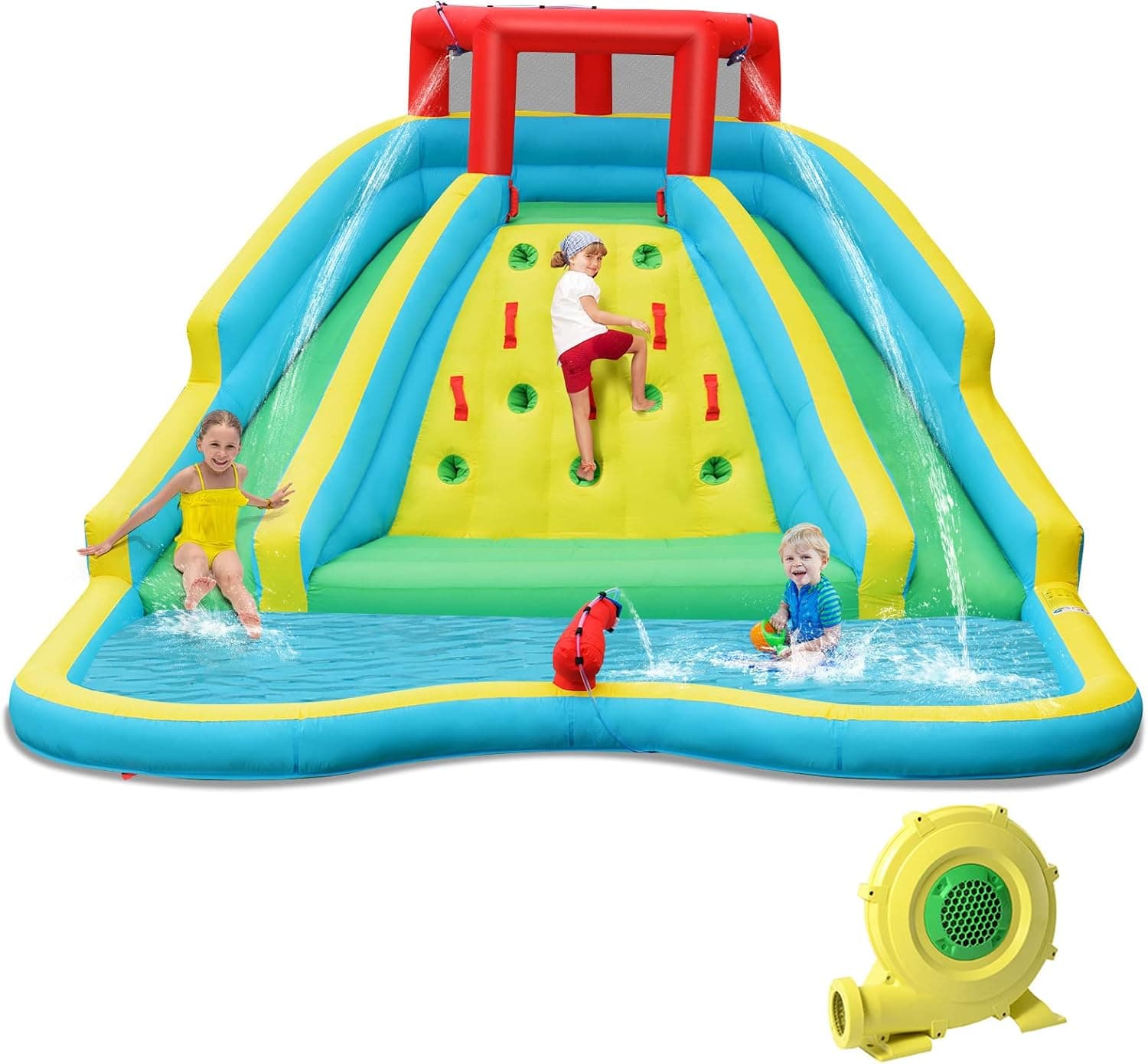 HONEY JOY Inflatable Water Slide, Giant Kids Water Park w/ 2 Long Slides & Climbing Wall, Water Hoses & Cannon, Large Splash Pool, Outdoor Blow Up Waterslides for Backyard(with 750w Blower)