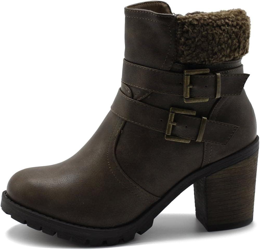 Ollio Women Shoe Fleece Buckle Strap Stacked Heel Ankle Boots