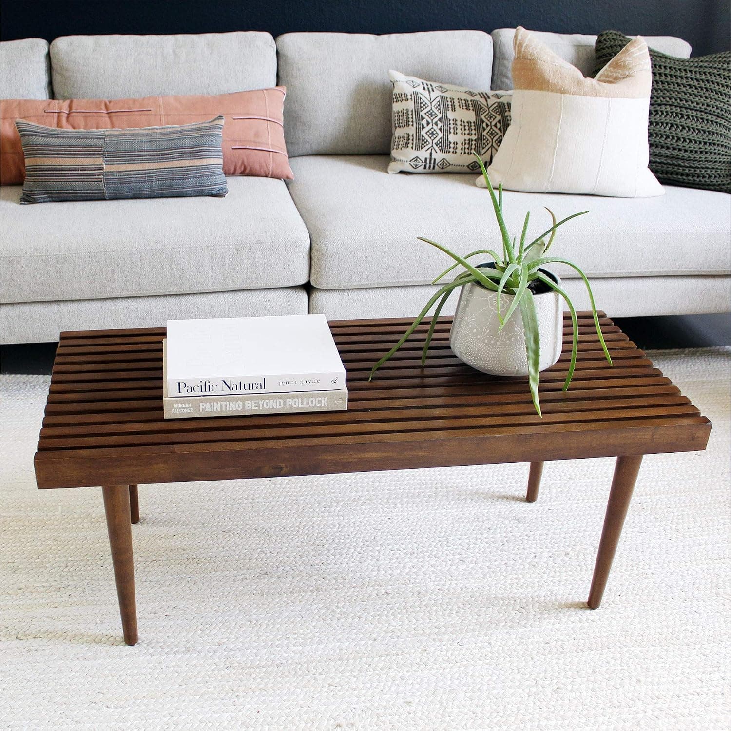 Nathan James Clyde Mid-Century Slatted Solid Wood Coffee Table, Rustic Mission-Style Bench for a Unique and Modern Living Room, Brown