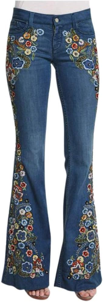 Jeans for Women Floral Embroidery Flare Pants Slim Fit Bell Bottom Bootcut Denim Pants Trousers
