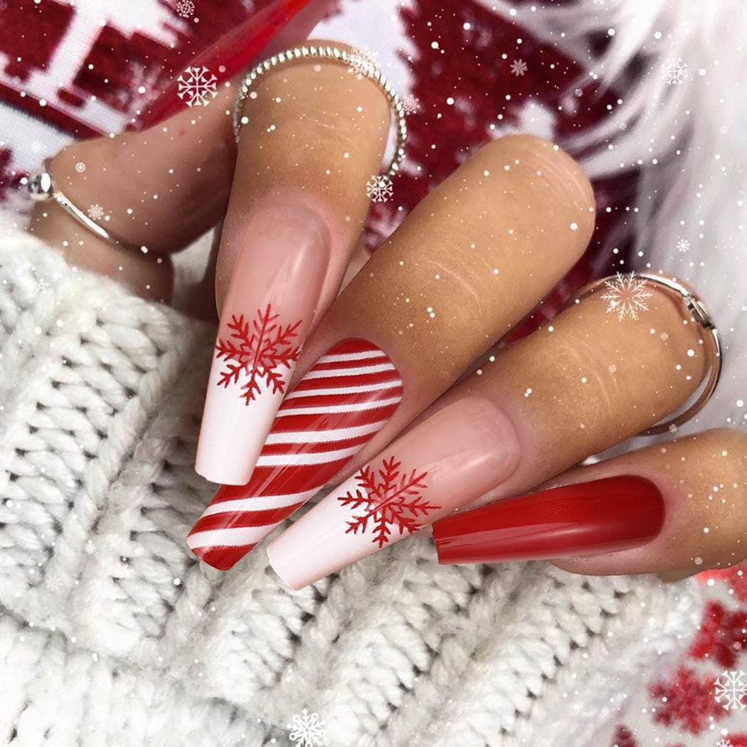 Uranian Christmas Press on Nails Red Long Fake Nails Coffin Snowflake Stripes Glossy False Nails Designs Santa Claus Elk Glitter Stick on Nails Full Cover French Tip Nails Acrylic Glue on Nails for Women and Girls 24pcs (Pattern-A)