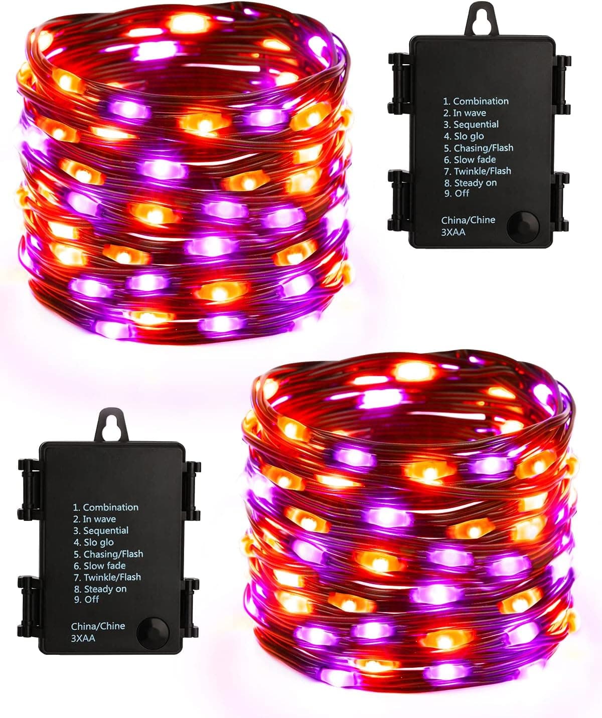 Brizled Purple & Orange Halloween Lights, 2 Pack 17.38ft 50 LED Battery Operated Halloween Lights with Timer, 8 Modes Halloween String Light Black Wire, Halloween Lighting Indoor Outdoor Spooky Decor