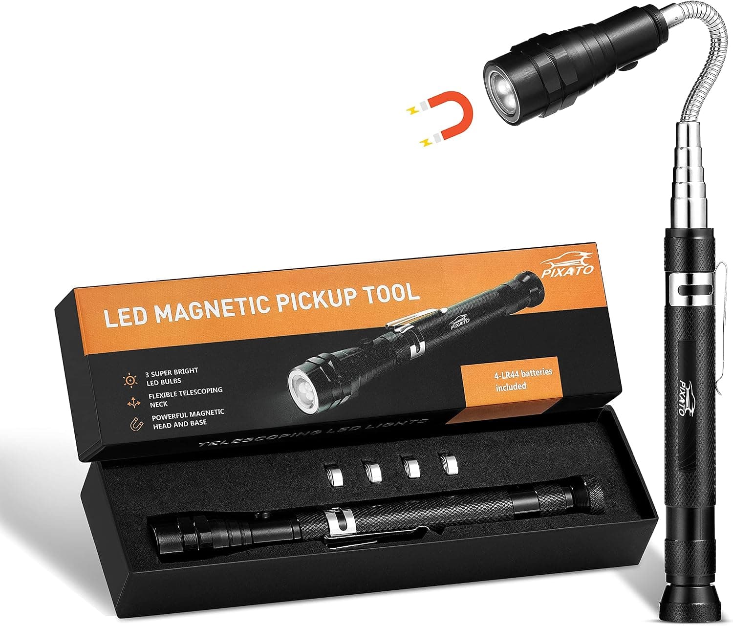 Pixato retractable magnetic pick-up tool, retractable flashlight, magnetic pick-up tool,best gift for birthday, Halloween and Thanksgiving, essential for family toolbox, 3 times brighter LED light