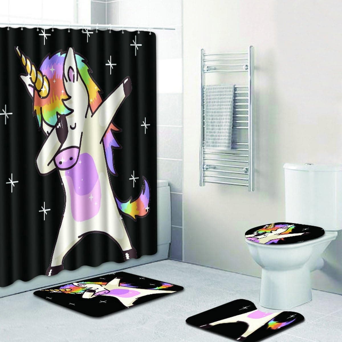 R-ANSXYX 4 Piece Bathroom Set,Animal Cartoon Horse Waterproof Shower Curtain Non-Slip Contour Rug Toilet Lid Cover and Bath Mat