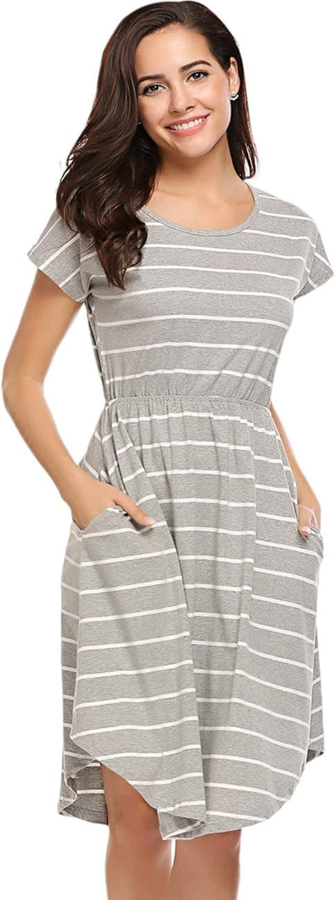 Halife Women's Short Sleeve Stripe Elastic Waist Casual Dress with Pocket