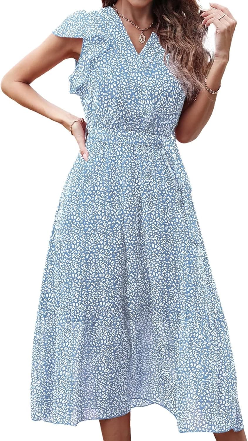 Genhoo Women's Summer Floral Printed Wrap V Neck Cap Sleeve Beach Pleated Hem Party Midi Dress S-2XL