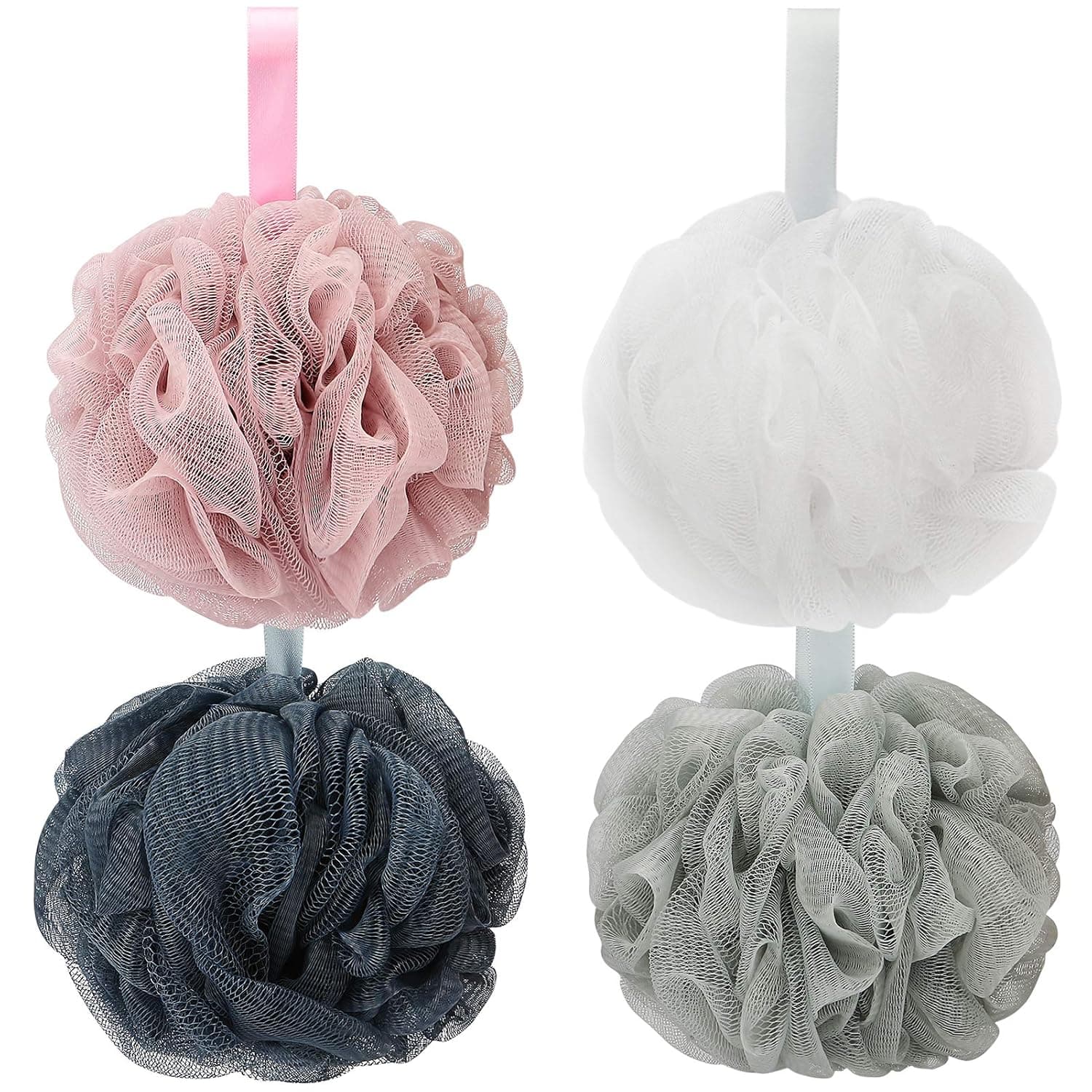 DadyMart Bath Shower Loofah Sponge 75g Bath Mesh Pouf Shower Ball Body Scrubber Exfoliating Bath Sponge for Women and Men, Set of 4, Drak Grey-Pink-Grey-White