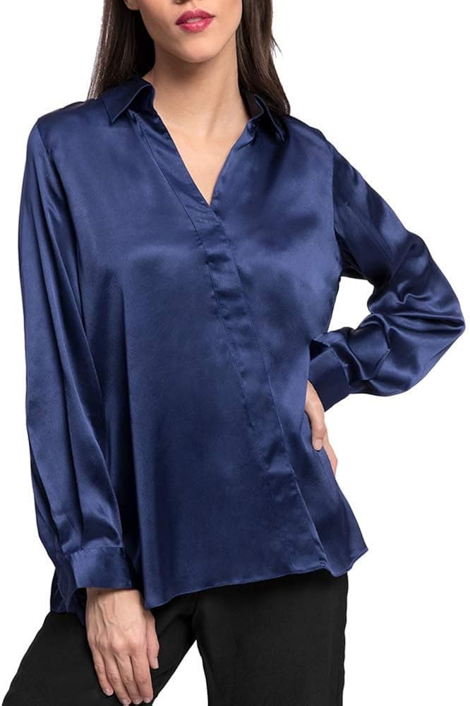 Sancy Women’s Pullover Blouse Top Collared V-Neck Polyester Casual Loose Formal