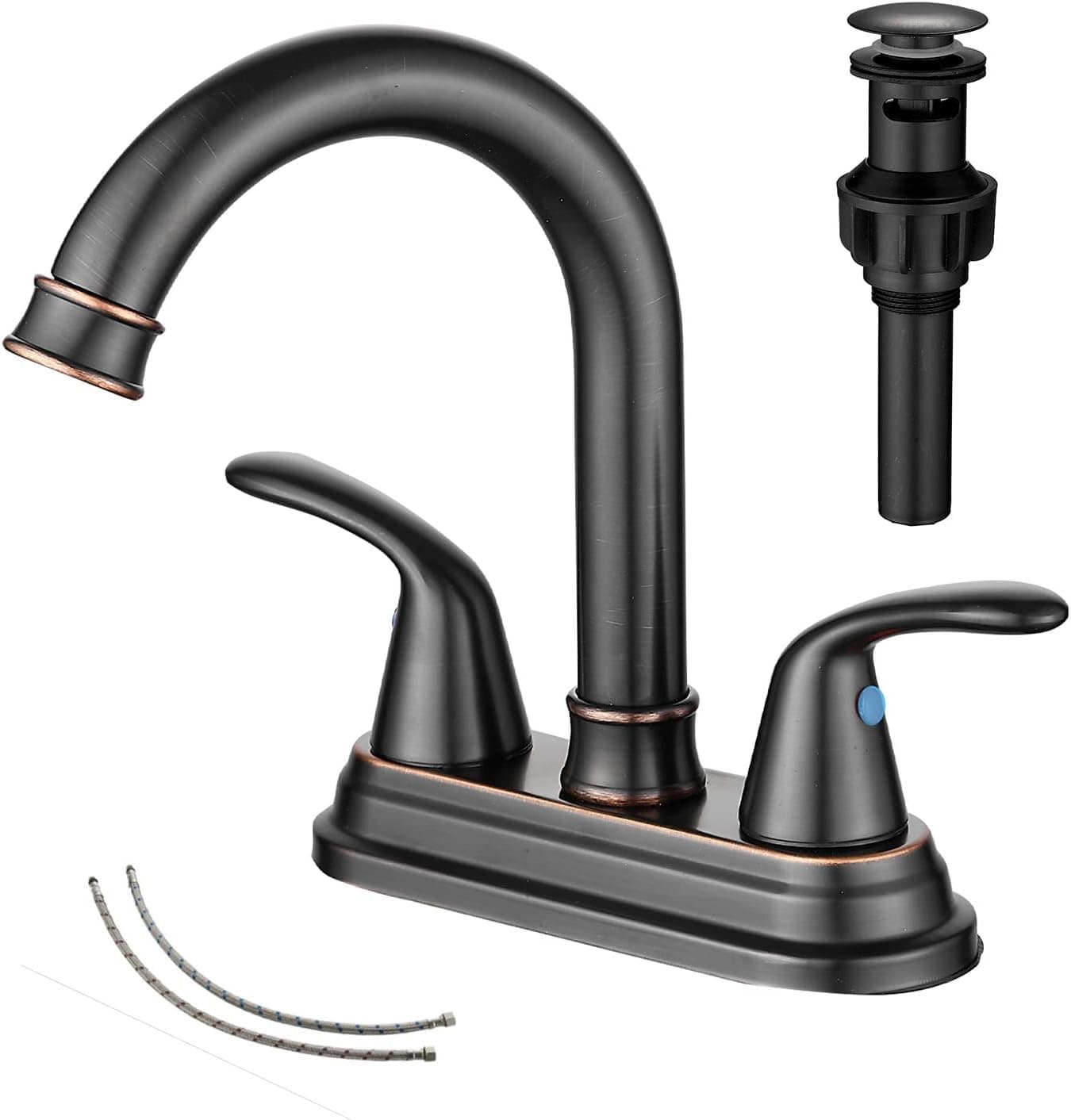 Oil Rubbed Bronze Bathroom Faucet GGStudy 2-Handles 4 Inches Centerset Bronze RV Bathroom Vanity Faucet with Drain Assembly and Supply Hose Lavatory Faucet Mixer Double Handle Tap Deck Mounted