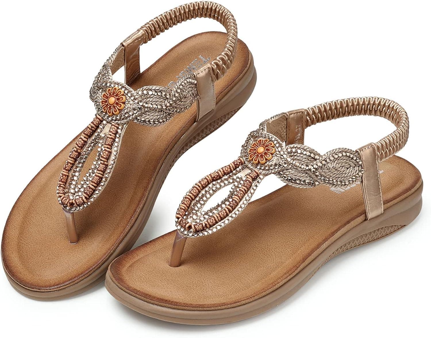 TEMOFON Womens Flats Sandals Summer Bohemia Beaded Sandal Casual Open Toe Elastic Ankle Strap Slip On Shoes Sandals