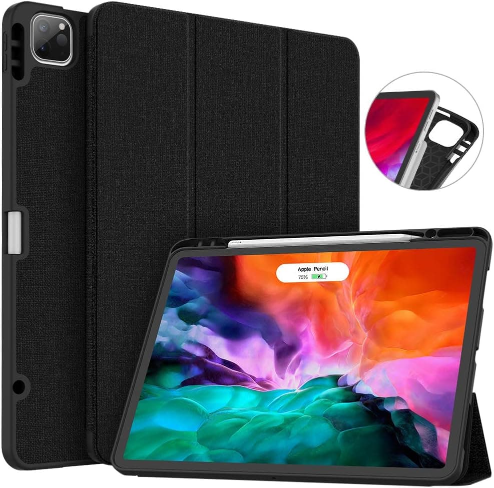 Soke New iPad Pro 12.9 Case 2020 & 2018 with Pencil Holder - [Full Body Protection + Apple Pencil Charging + Auto Wake/Sleep], Soft TPU Back Cover for 2020 iPad Pro 12.9(Black)