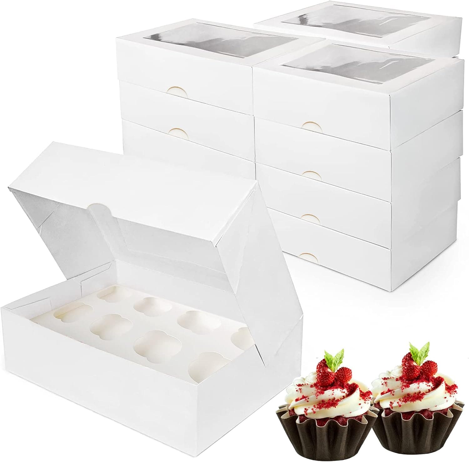 ANTENG A 15 Packs White Cupcake Containers 12 Count,Sturdy Kraft Cardboard Rectangle Cake Boxes With Window,Big Cake Box For Muffins Donuts Cookies As Gift Packaging,Cupcake Boxes 13x10x3.54 Inch