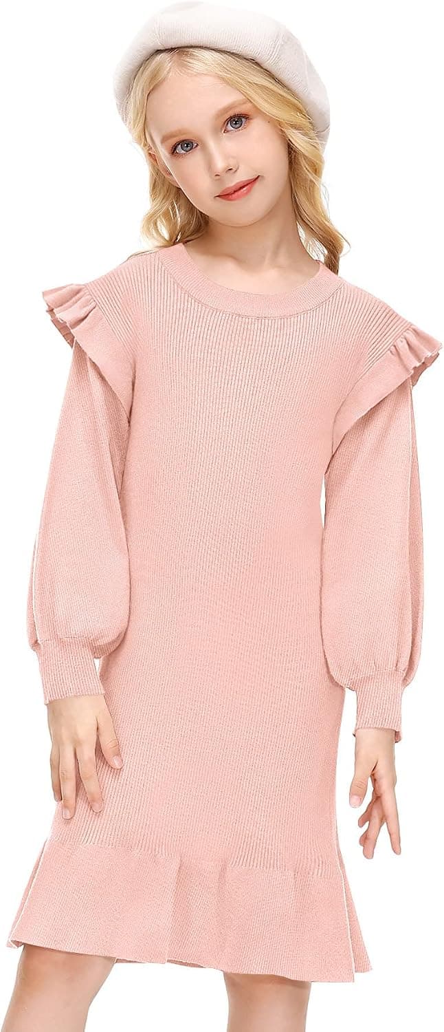 BesserBay Girls Ruffle Long Sleeve Sweater Dress Fall Crew Neck Midi Dress 4-12 Years