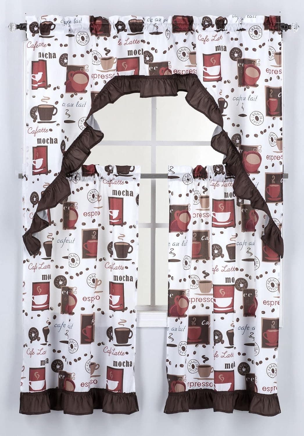 Regal Home Collections Cappuccino Print Kitchen Curtains 3-Piece Set - Curtains for Kitchen Windows - Half Curtain Panels and Window Valance (60" x 36", Multi)