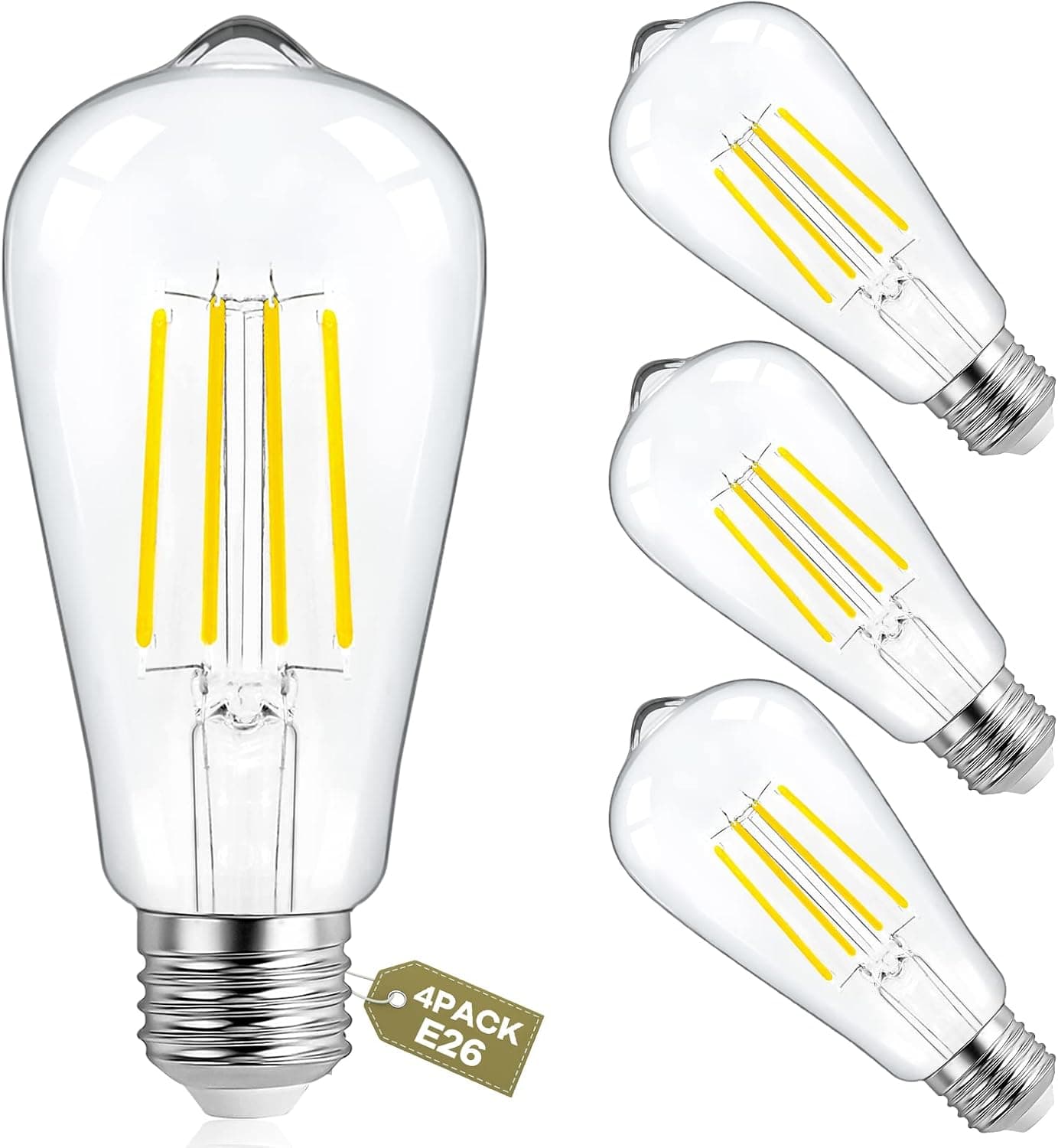 Vintage LED Edison Bulb 60 Watt Equivalent,7W 850Lumens Edison Light Bulbs 2700K Warm White,Antique ST58 LED Filament Bulb High CRI 90+,E26 Base LED Light Clear Glass Bulb,Non-Dimmable,Pack of 4