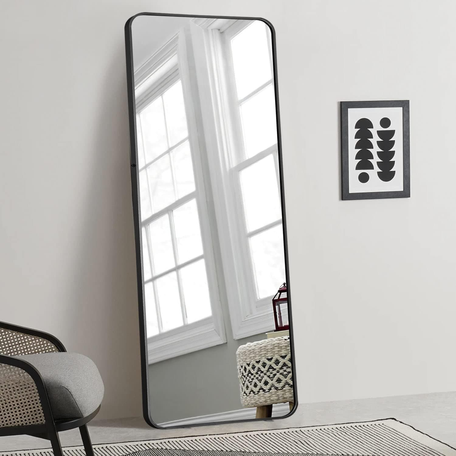 PexFix Floor Mirror Full Length Black 65"x22", Recessed Round-Corner Dressing Mirror with Full Size in Bedroom, Living Room and Shopping Mall