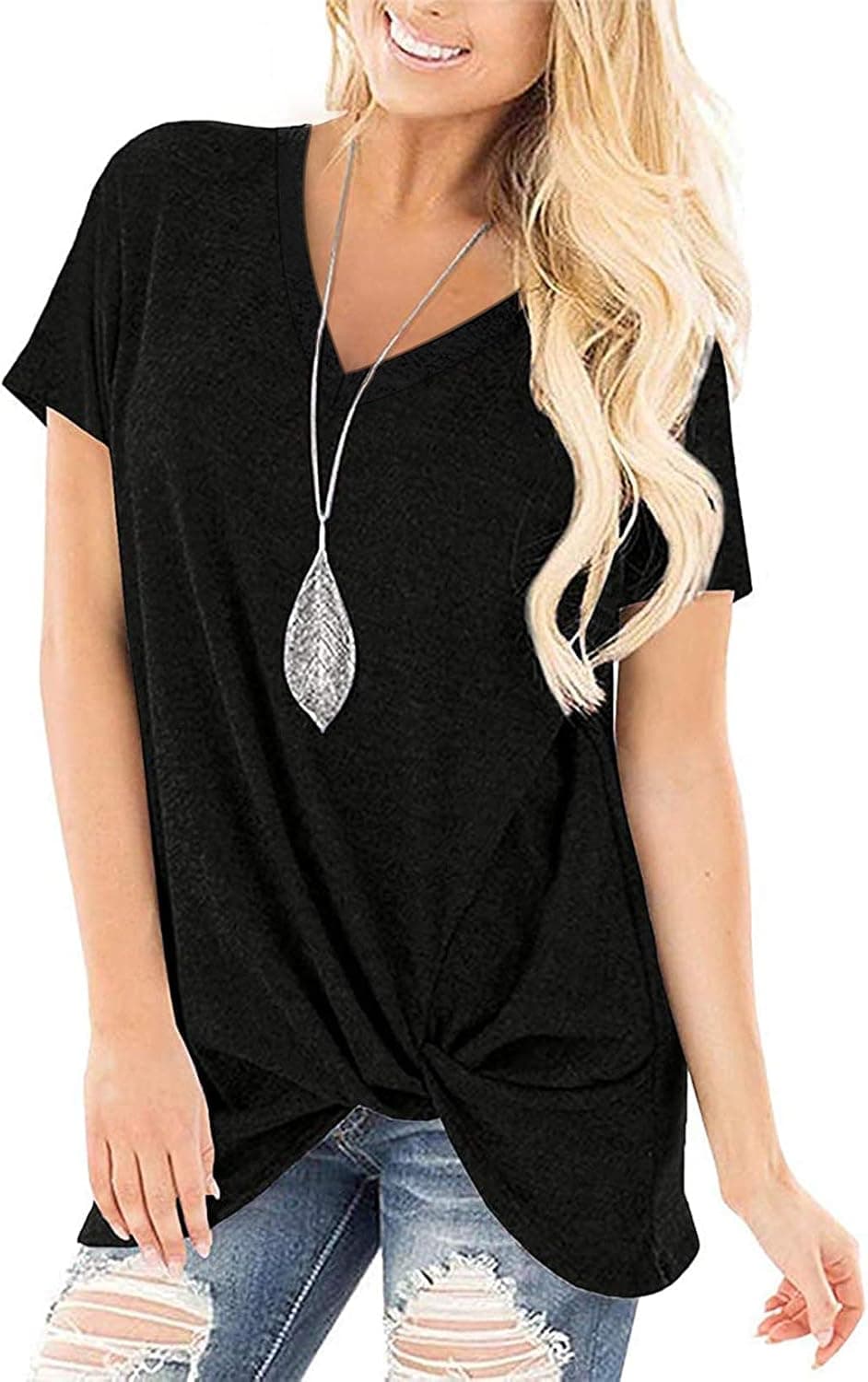 Women's Short Sleeve Shirts V Neck Tops Summer Casual Twist Knot Tee T-Shirt