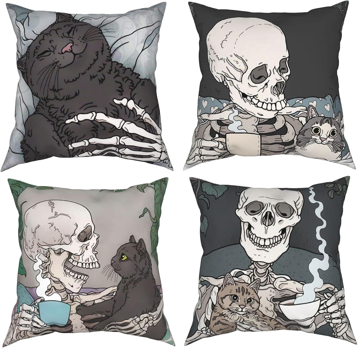 enpeozo Skull Pillow Covers,18x18 Decor Pillow Covers,Cat Skull Skeleton Throw Pillows Skeleton Pillowcases Set of 4