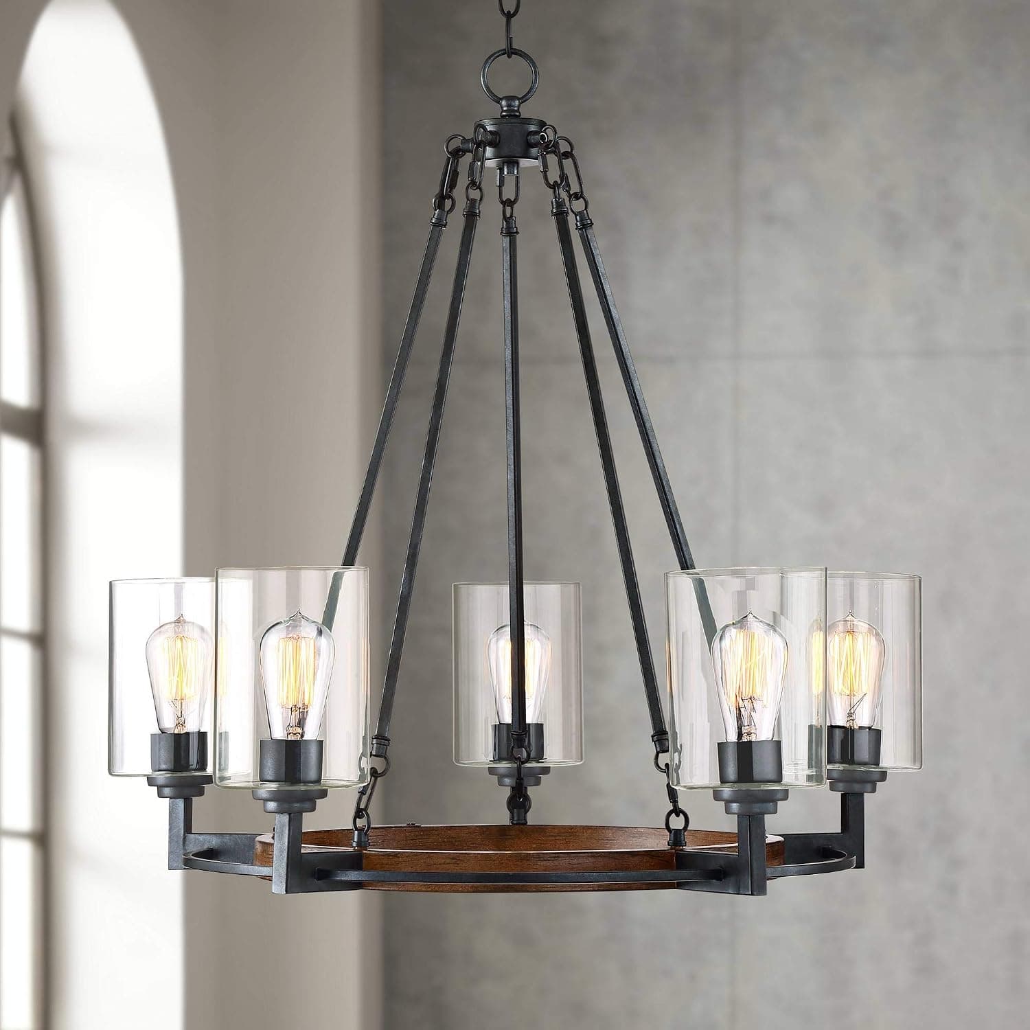 Franklin Iron Works Garamond Bronze Wood Finish Wagon Wheel Chandelier 26 3/4" Wide Rustic Farmhouse Clear Glass 5-Light Fixture for Dining Room House Foyer Kitchen Island Entryway Bedroom