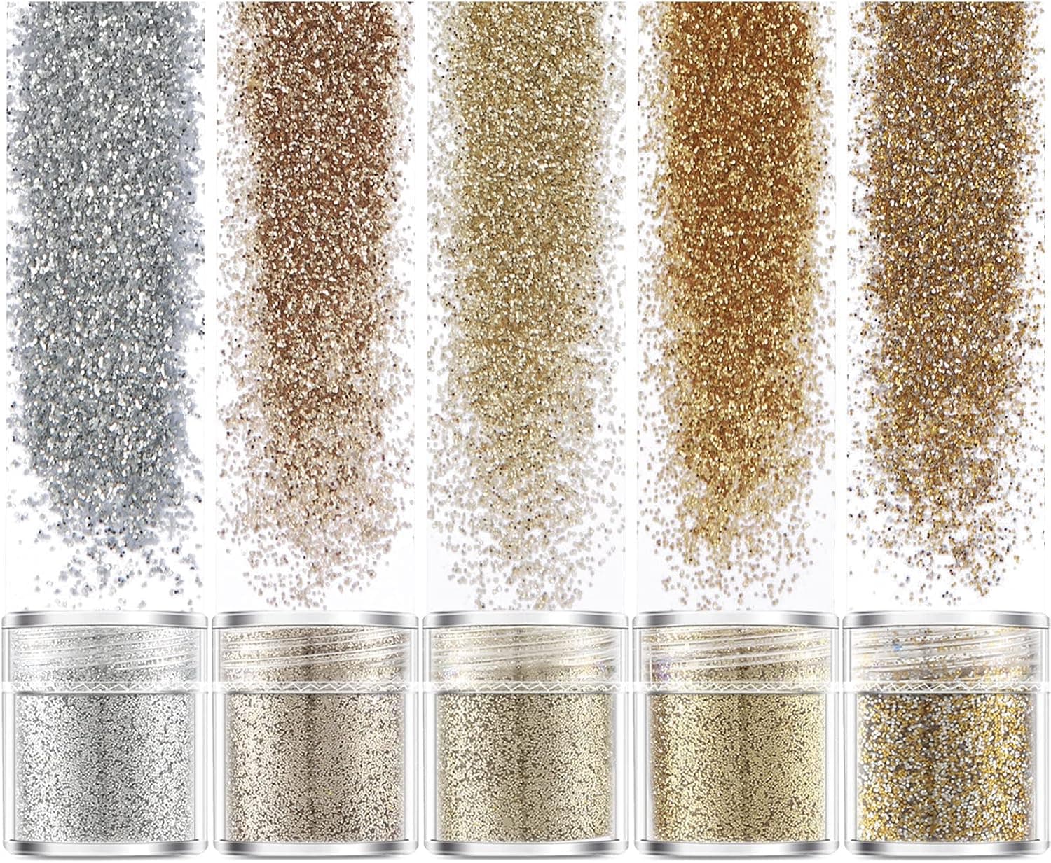 Ambesi 35 Grams Fine Glitter, 5 Colors Gold Silver Extra Fine Glitter, Holographic Ultra Fine Glitter for Makeup Body Nail Face Hair Eyeshadow Lip Gloss, Arts Crafts Slime Resin Glitter Sequins Set
