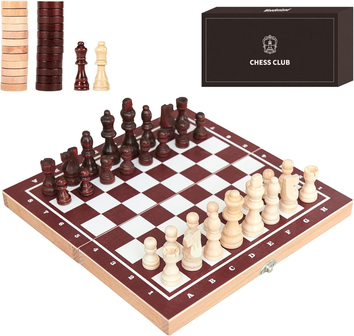 Woodenland Chess and Checkers Board Game - Travel Chess Set for Kids and Adults with Backgammon 3 in 1 - Wooden Travel Game Set Mini Size 12" with Portable Folding Board for Family Fun