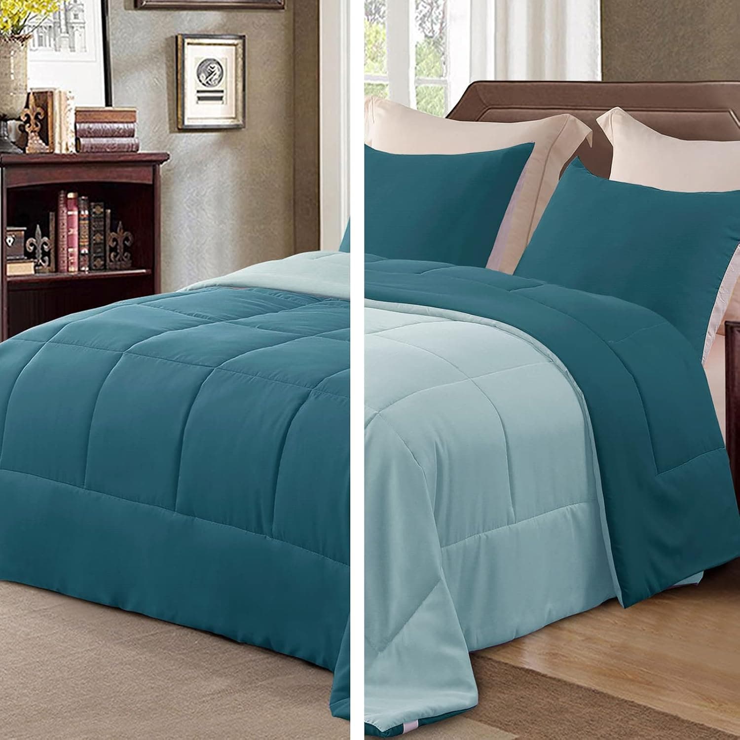 Exclusivo Mezcla Lightweight Reversible 2-Piece Comforter Set All Seasons, Down Alternative Comforter with 1 Pillow Sham, Twin Size, Dusty Teal/Spa Blue