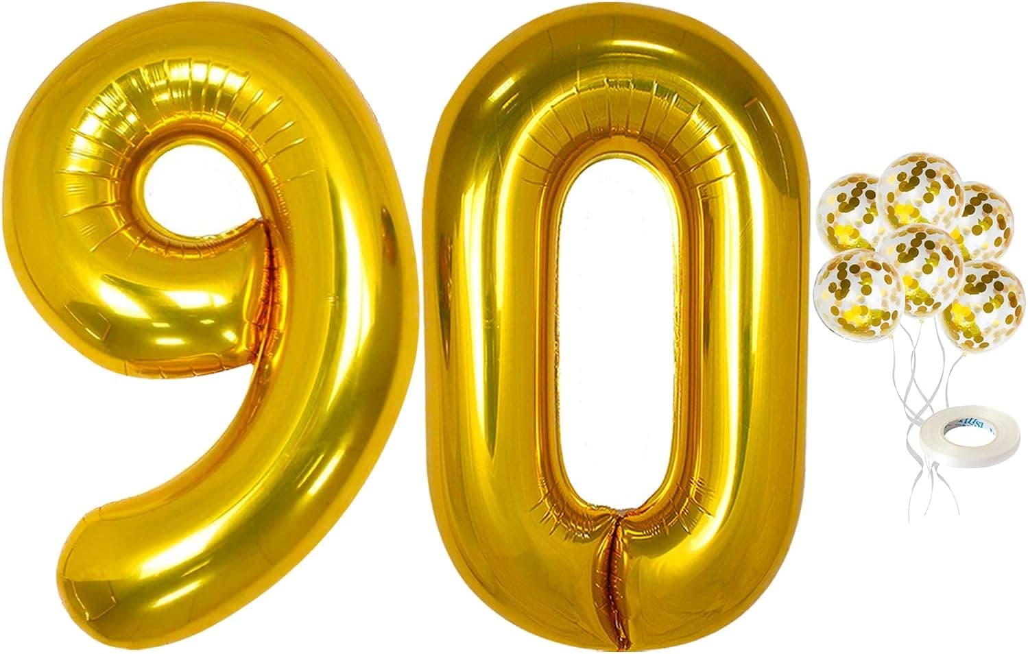 Number 90 and Gold Confetti Balloons - Large, 40 Inch Foiil Gold Balloons | 5 Gold Confetti Balloons, 12 Inch | 90th Birthday Party Decorations | Party Supplies for Anniversary Décor