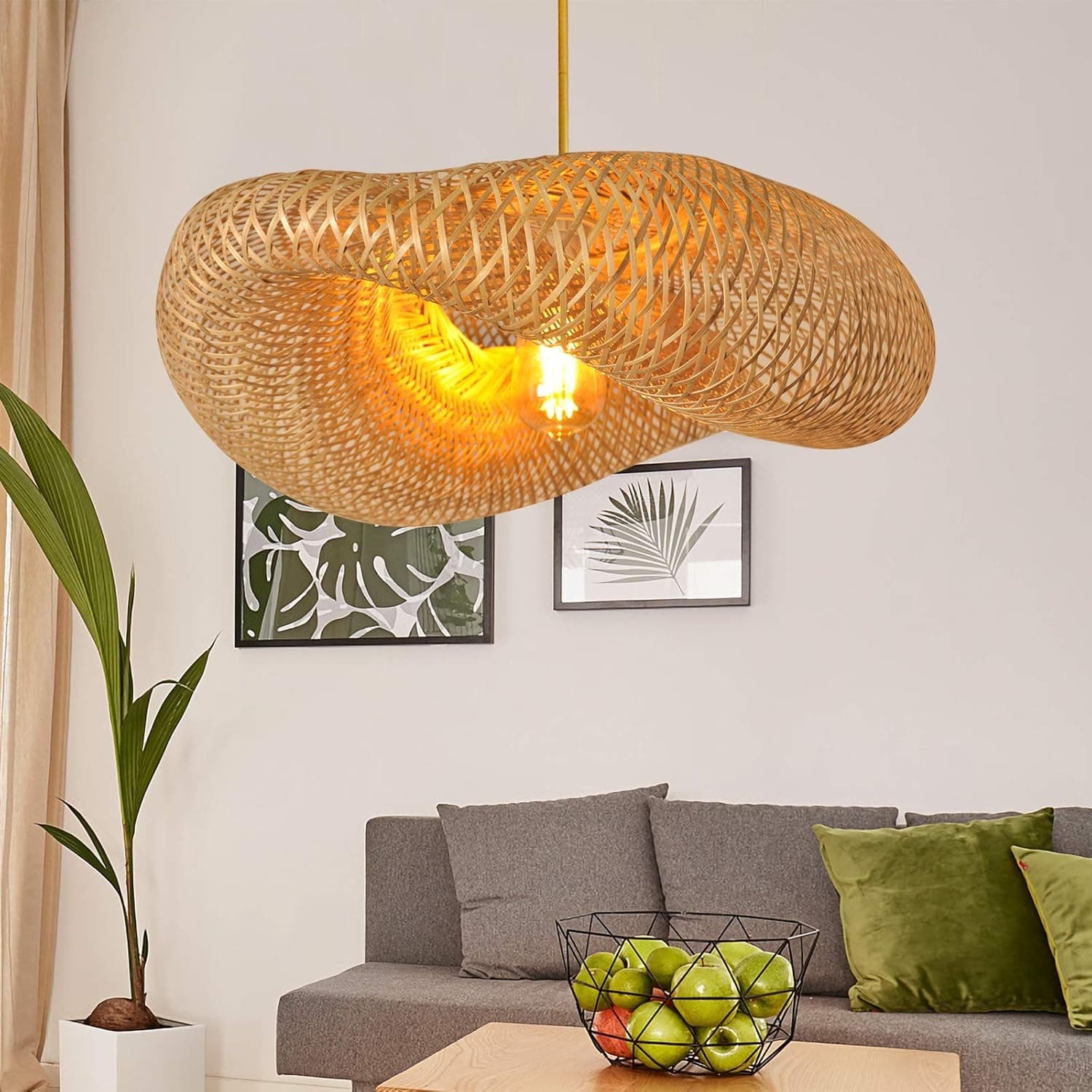Woven Bamboo Pendant Lighting Fixtures, Art Bird Nest Lamp Shade Ceiling Hanging Light with Adjustable Cord for Living Room Dining Room Bar Café, Farmhouse Modern Vintage Rustic Décor 22'', No Bulb