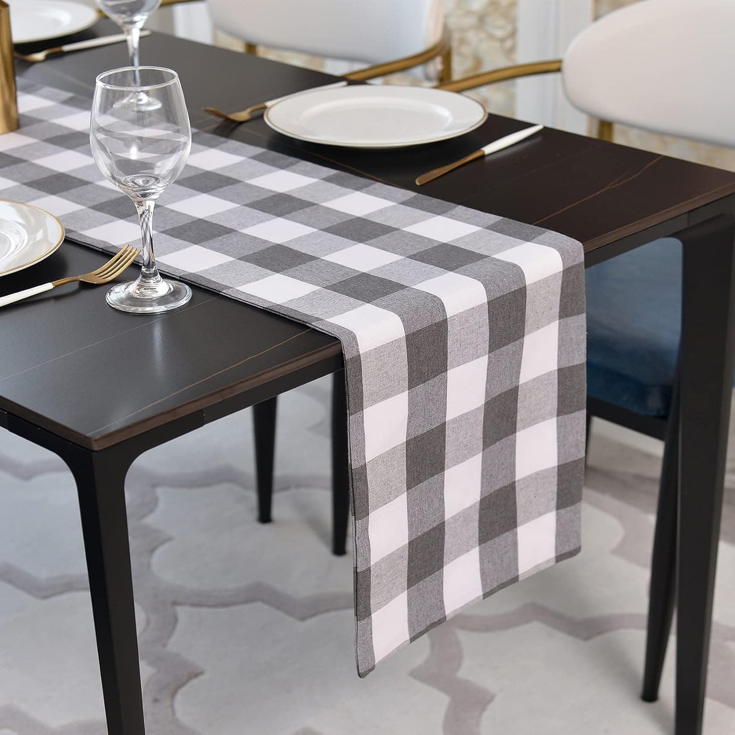 NATUS WEAVER Grey & White 2 Side Buffalo Check Farmhouse Table Runner for Family Dinners or Gatherings, Indoor or Outdoor Parties, Everyday Use (12" x 36")